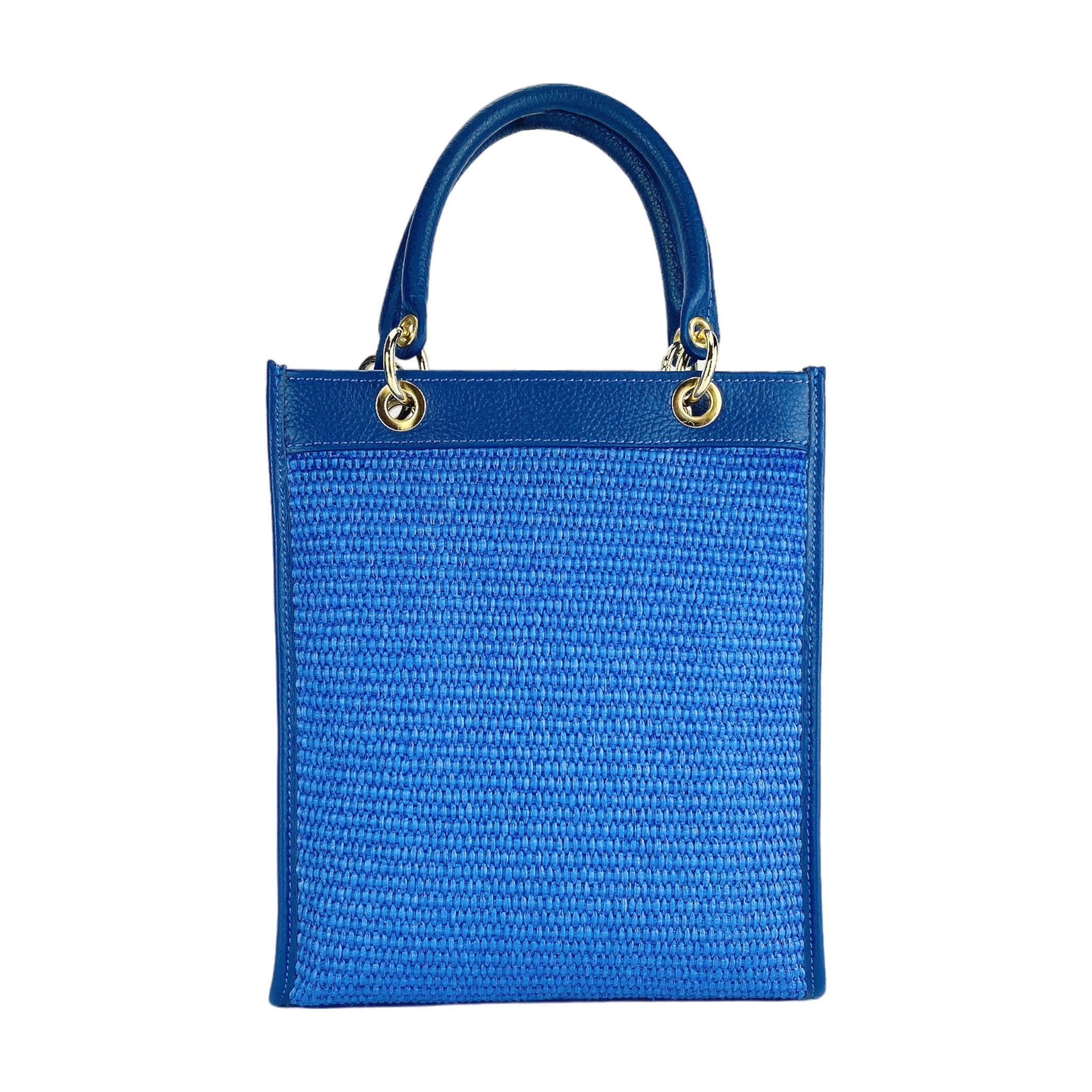 RB1026CH | Borsa Donna a mano verticale in Vera Pelle e Paglia Made in Italy. Tracolla removibile e regolabile in pelle. Accessori Oro Lucido - Colore Blu Royal - Dimensioni: cm 24 x 29 x 9-4