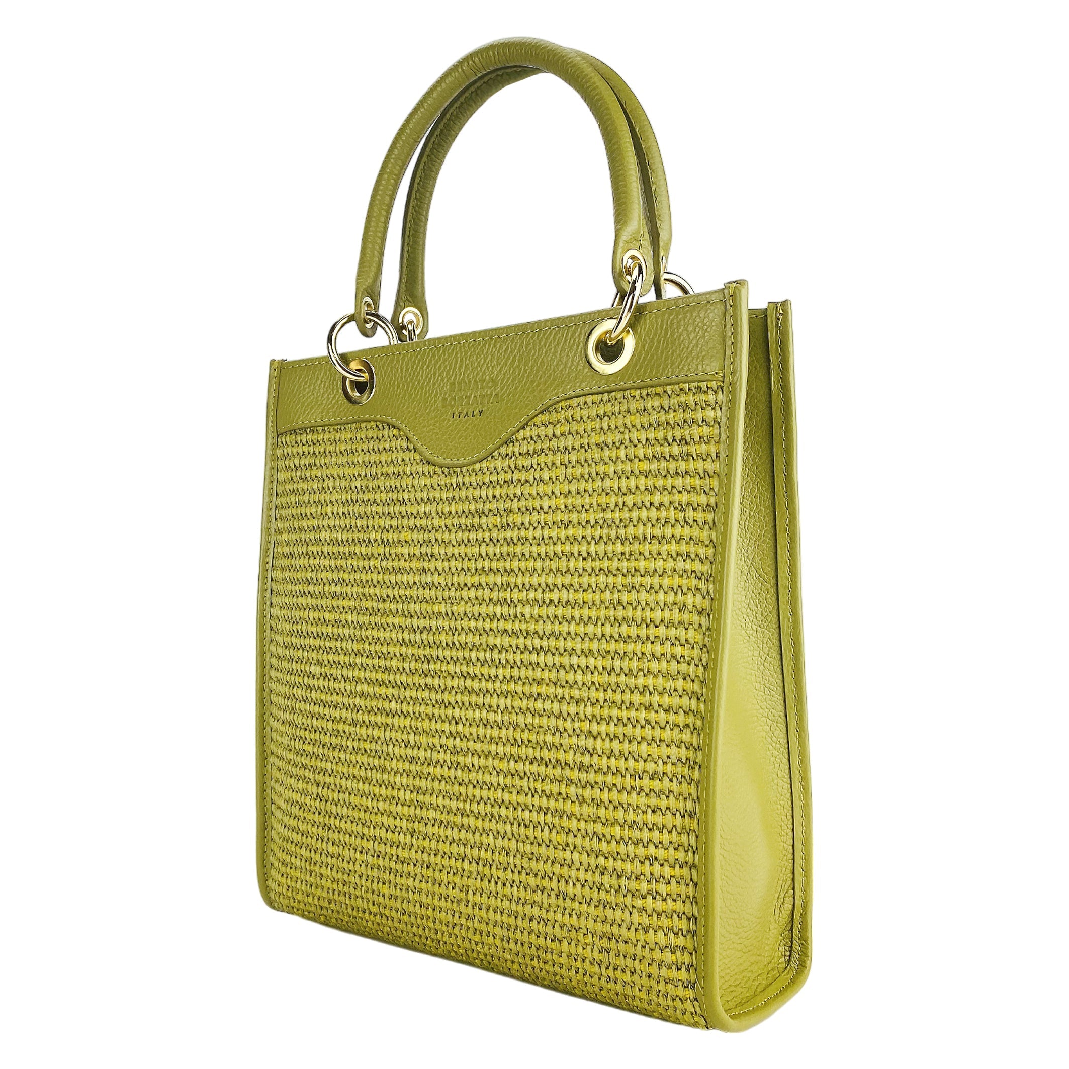 RB1026CM | Borsa Donna a mano verticale in Vera Pelle e Paglia Made in Italy. Tracolla removibile e regolabile in pelle. Accessori Oro Lucido - Colore Pistacchio - Dimensioni: cm 24 x 29 x 9-0