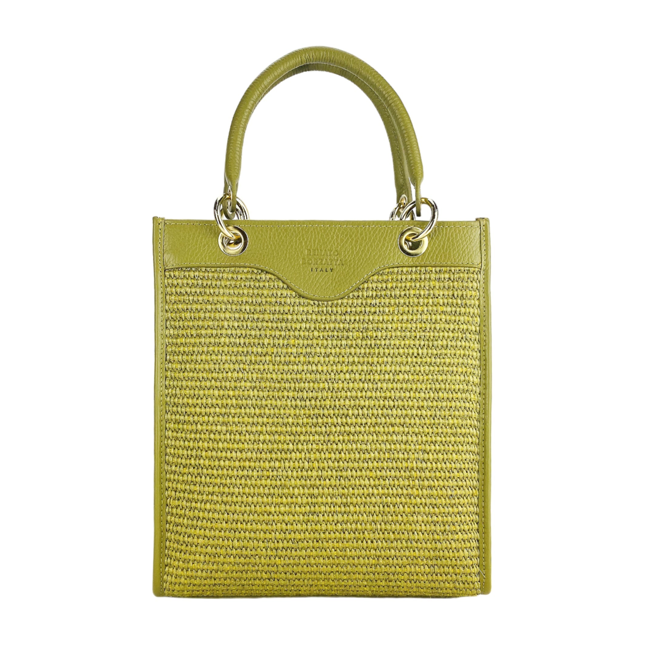 RB1026CM | Borsa Donna a mano verticale in Vera Pelle e Paglia Made in Italy. Tracolla removibile e regolabile in pelle. Accessori Oro Lucido - Colore Pistacchio - Dimensioni: cm 24 x 29 x 9-1
