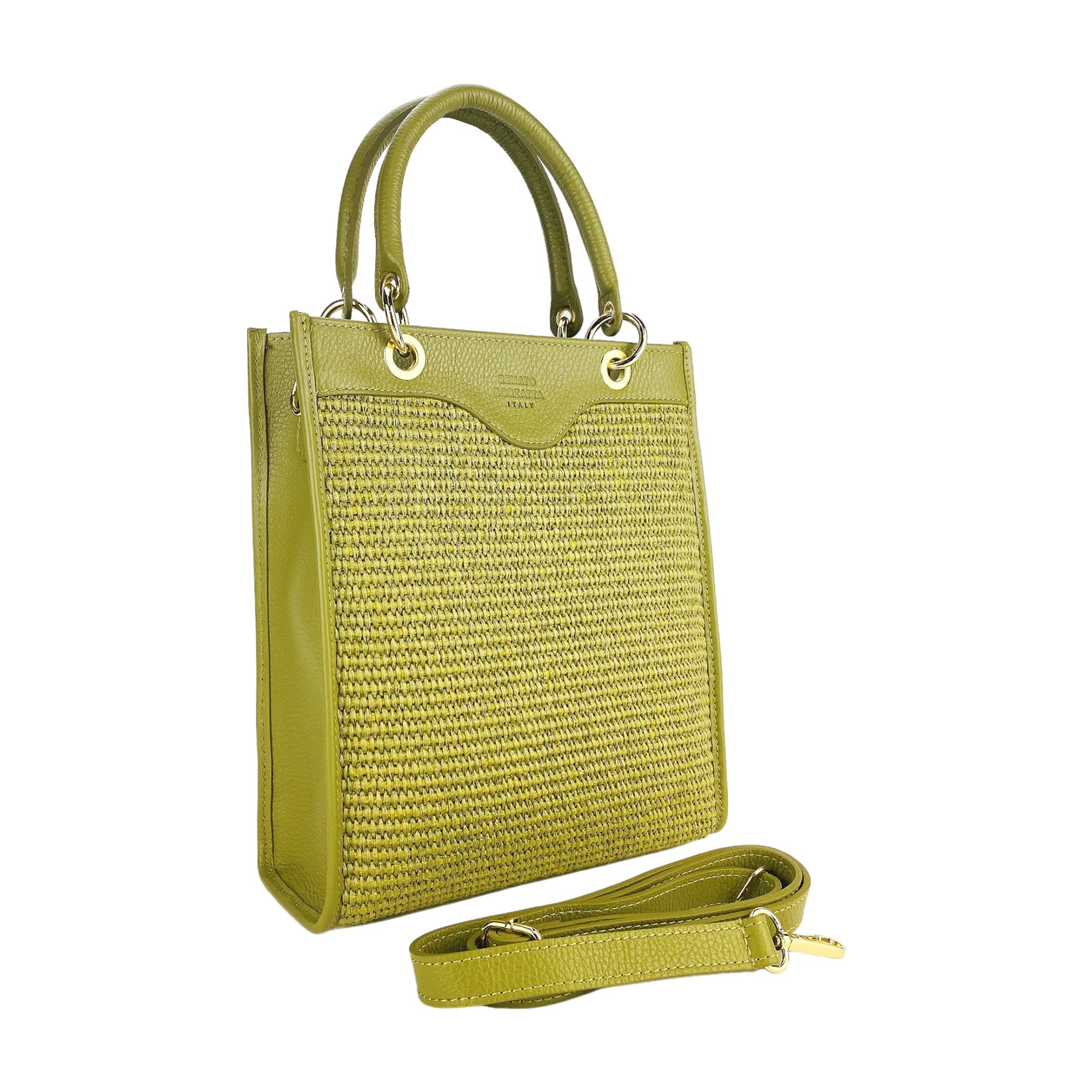 RB1026CM | Borsa Donna a mano verticale in Vera Pelle e Paglia Made in Italy. Tracolla removibile e regolabile in pelle. Accessori Oro Lucido - Colore Pistacchio - Dimensioni: cm 24 x 29 x 9-2