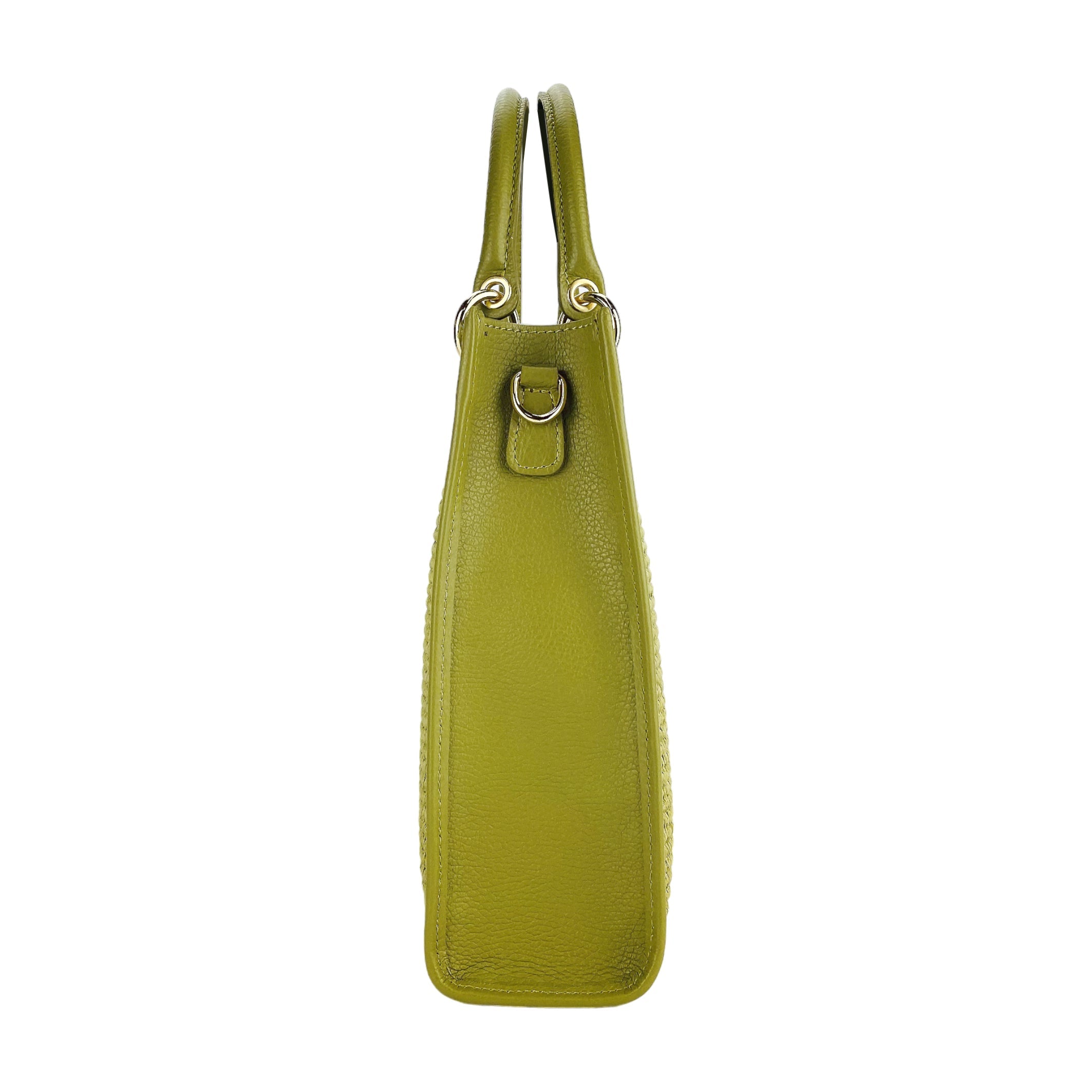 RB1026CM | Borsa Donna a mano verticale in Vera Pelle e Paglia Made in Italy. Tracolla removibile e regolabile in pelle. Accessori Oro Lucido - Colore Pistacchio - Dimensioni: cm 24 x 29 x 9-3