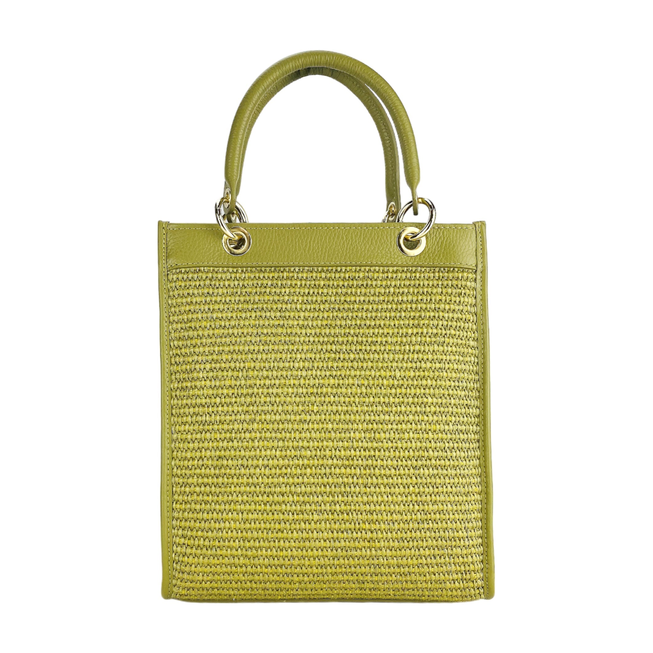 RB1026CM | Borsa Donna a mano verticale in Vera Pelle e Paglia Made in Italy. Tracolla removibile e regolabile in pelle. Accessori Oro Lucido - Colore Pistacchio - Dimensioni: cm 24 x 29 x 9-4