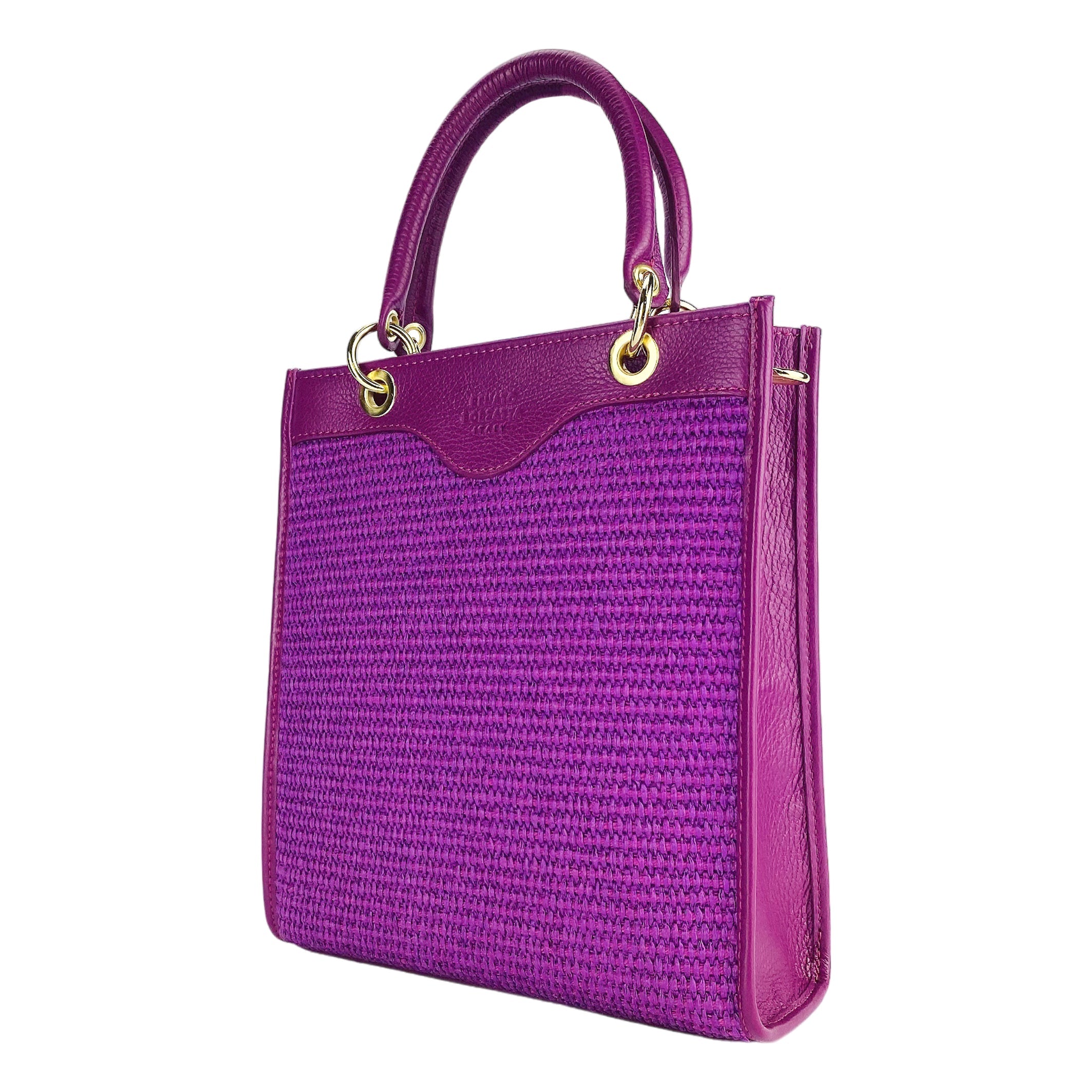 RB1026CN | Borsa Donna a mano verticale in Vera Pelle e Paglia Made in Italy. Tracolla removibile e regolabile in pelle. Accessori Oro Lucido - Colore Lampone - Dimensioni: cm 24 x 29 x 9-0