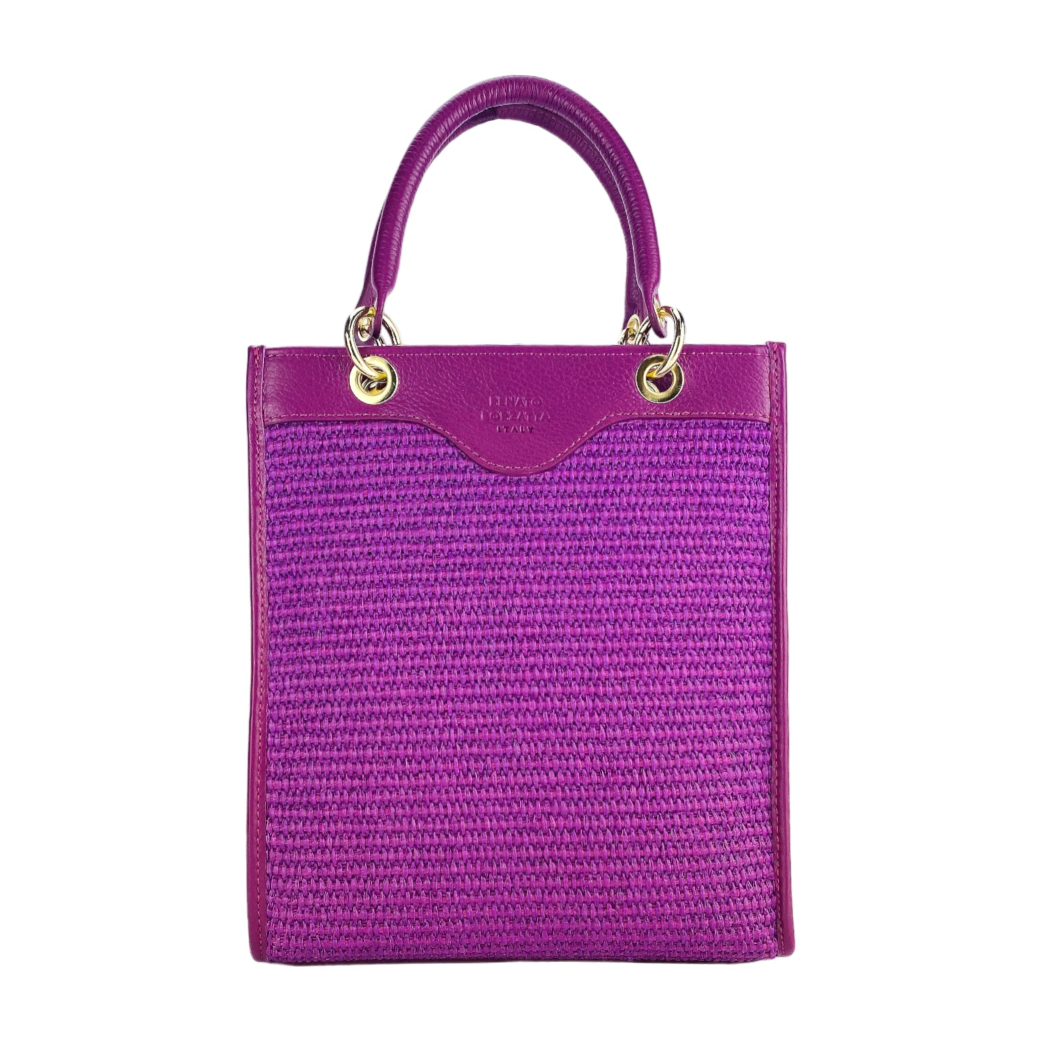 RB1026CN | Borsa Donna a mano verticale in Vera Pelle e Paglia Made in Italy. Tracolla removibile e regolabile in pelle. Accessori Oro Lucido - Colore Lampone - Dimensioni: cm 24 x 29 x 9-1