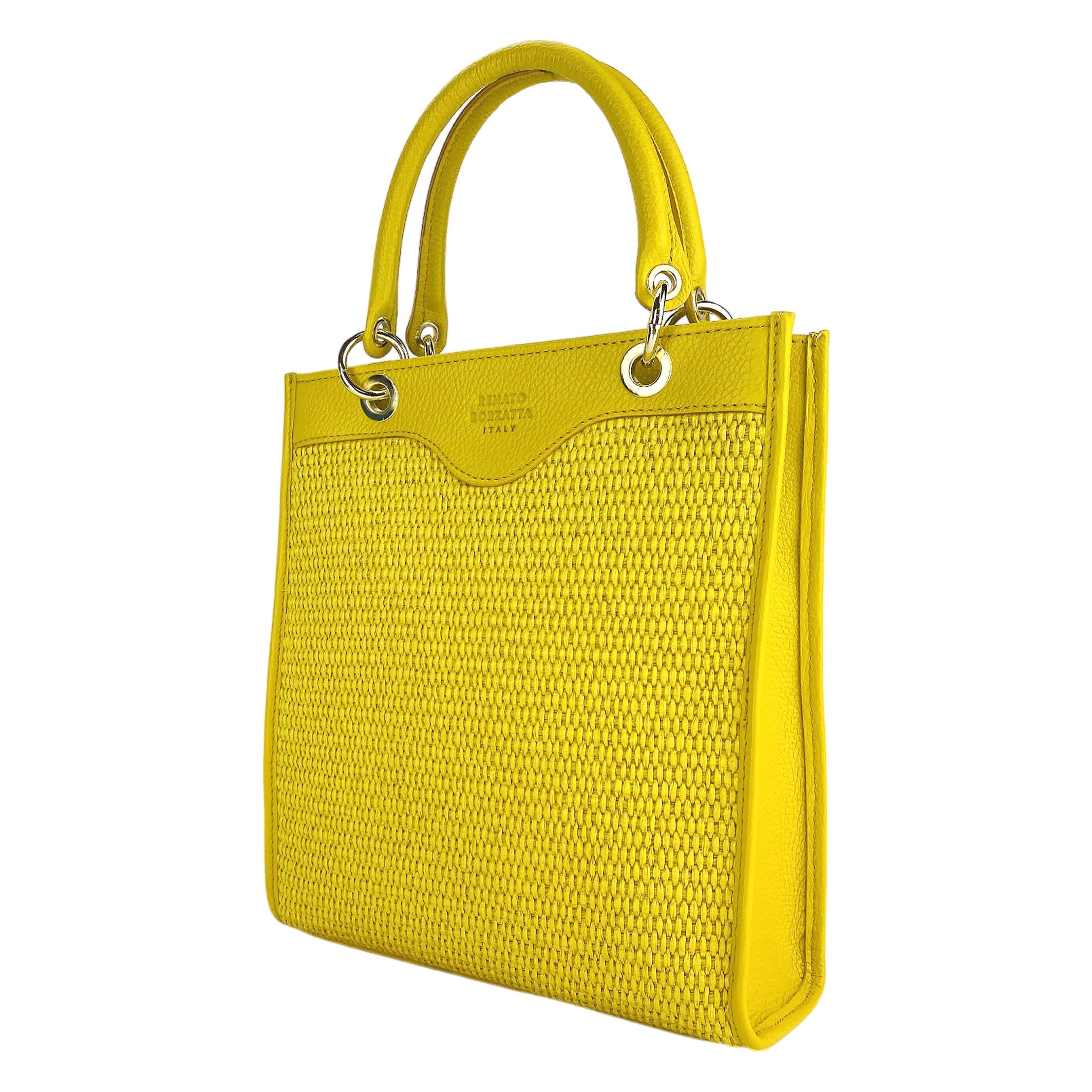 RB1026R | Borsa Donna a mano verticale in Vera Pelle e Paglia Made in Italy. Tracolla removibile e regolabile in pelle. Accessori Oro Lucido - Colore Giallo - Dimensioni: cm 24 x 29 x 9-0