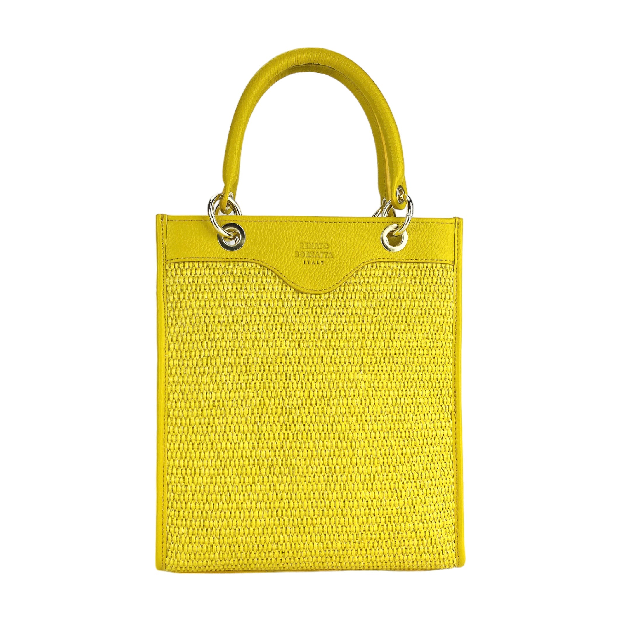 RB1026R | Borsa Donna a mano verticale in Vera Pelle e Paglia Made in Italy. Tracolla removibile e regolabile in pelle. Accessori Oro Lucido - Colore Giallo - Dimensioni: cm 24 x 29 x 9-1