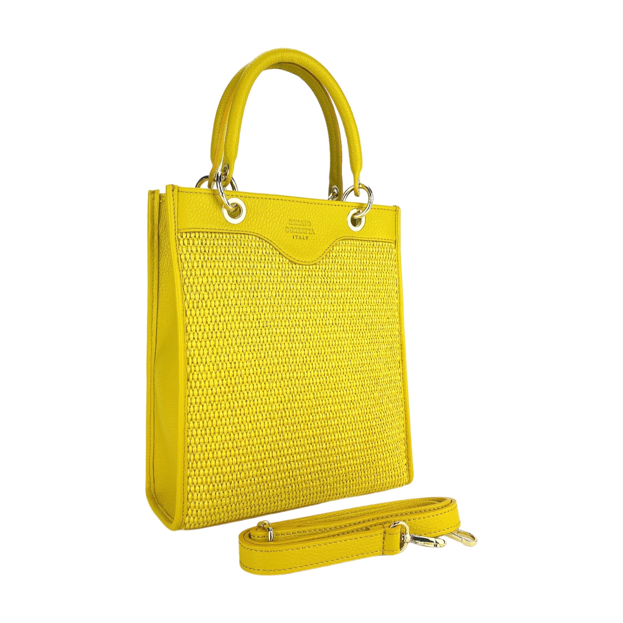 RB1026R | Borsa Donna a mano verticale in Vera Pelle e Paglia Made in Italy. Tracolla removibile e regolabile in pelle. Accessori Oro Lucido - Colore Giallo - Dimensioni: cm 24 x 29 x 9-2
