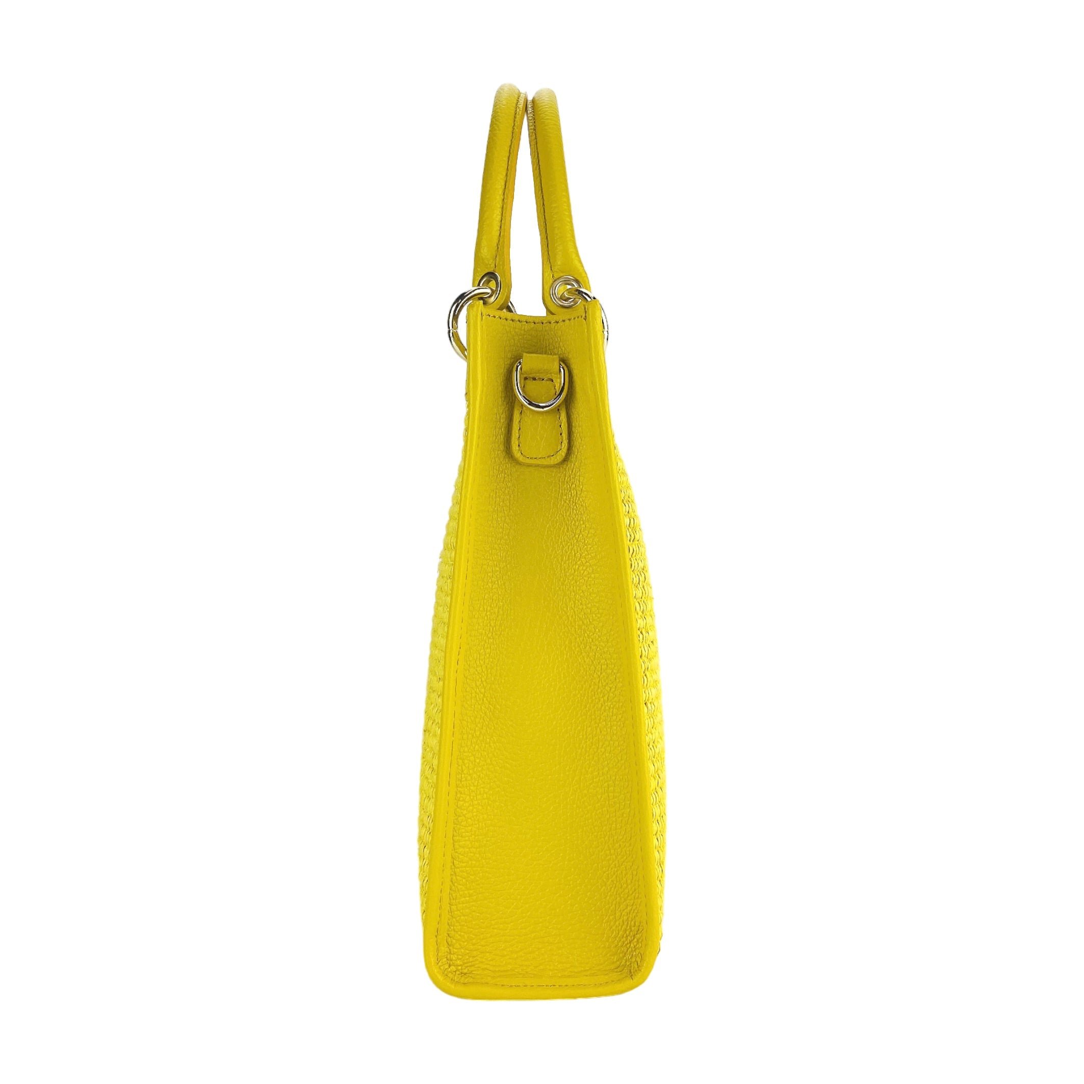 RB1026R | Borsa Donna a mano verticale in Vera Pelle e Paglia Made in Italy. Tracolla removibile e regolabile in pelle. Accessori Oro Lucido - Colore Giallo - Dimensioni: cm 24 x 29 x 9-3