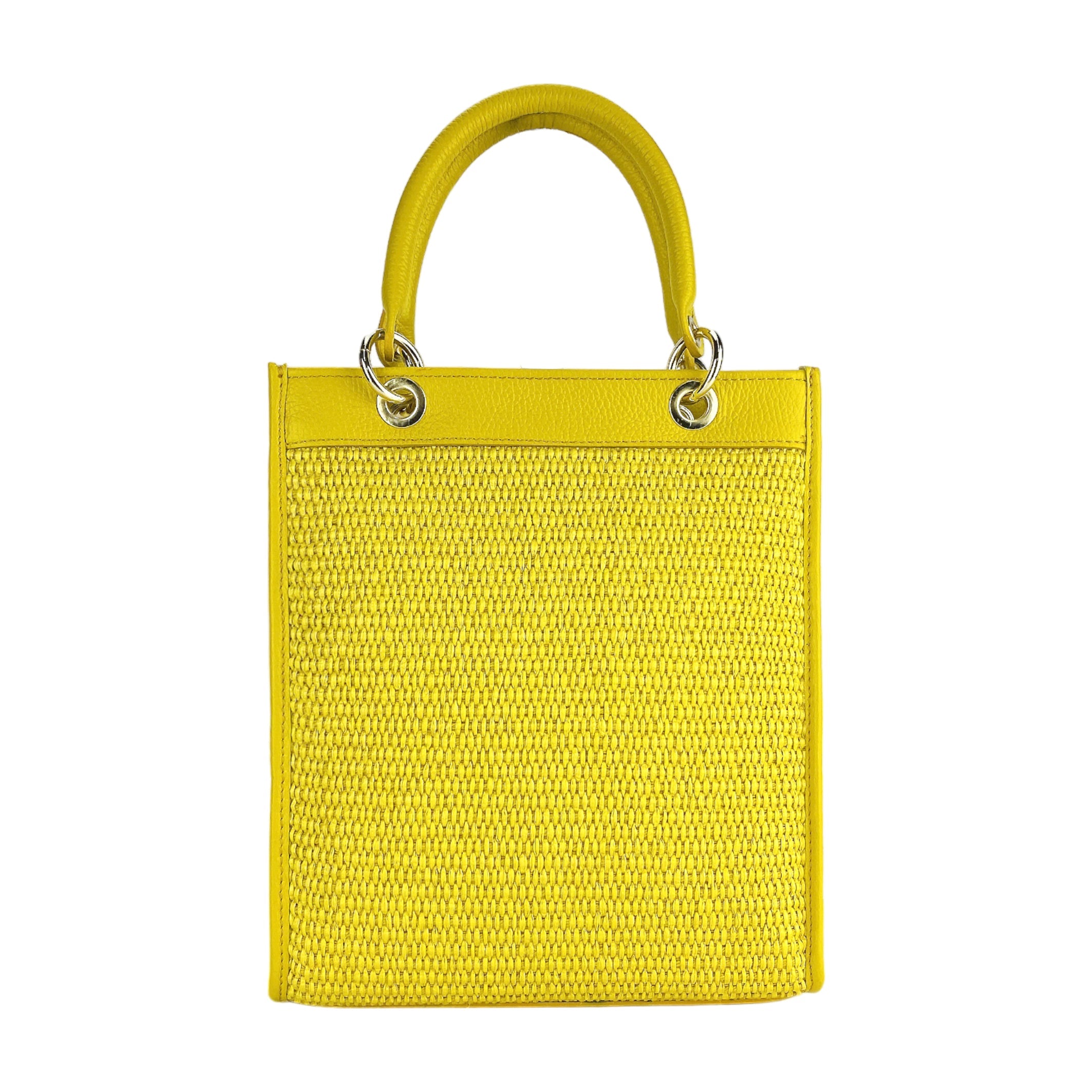 RB1026R | Borsa Donna a mano verticale in Vera Pelle e Paglia Made in Italy. Tracolla removibile e regolabile in pelle. Accessori Oro Lucido - Colore Giallo - Dimensioni: cm 24 x 29 x 9-4