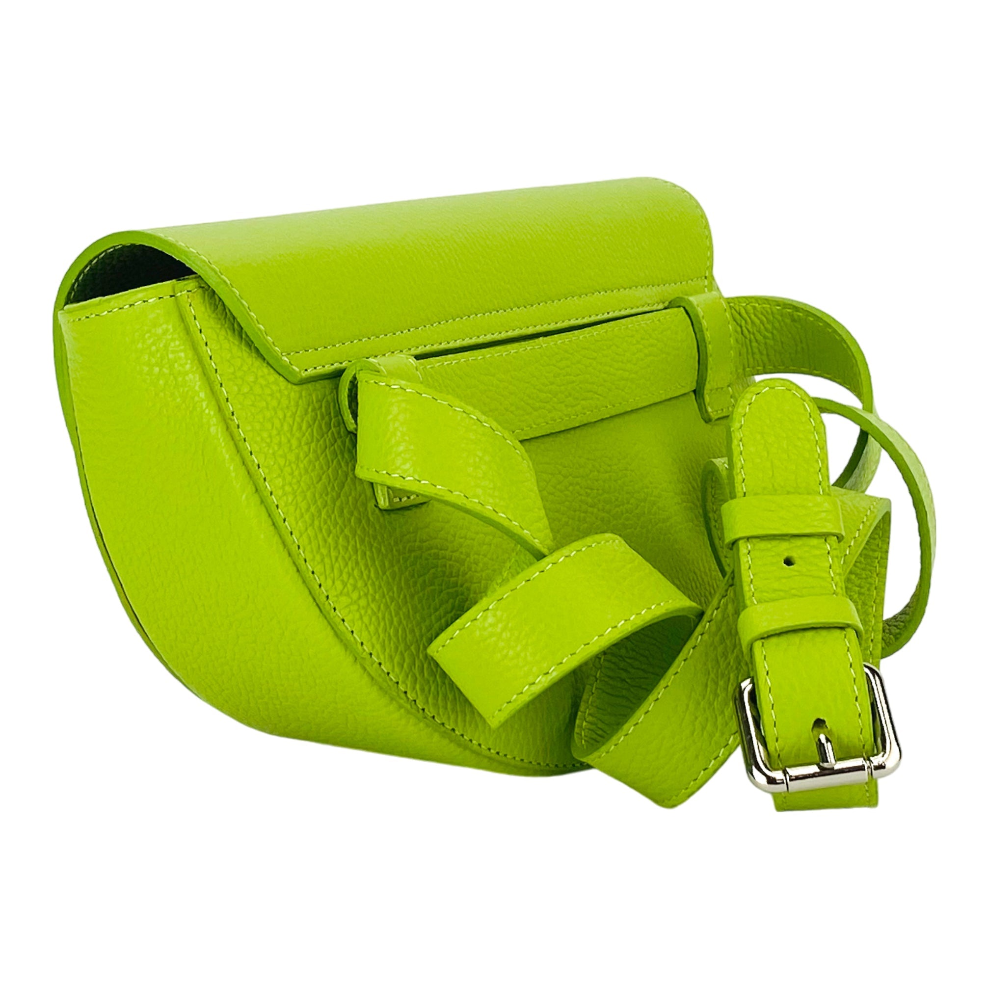 RB1027AD | Borsa Donna a Bandoliera stondata in Vera Pelle Made in Italy. Tracolla removibile e regolabile in pelle. Accessori Nickel Lucido - Colore Lime - Dimensioni: cm 25 x 15 x 9-3
