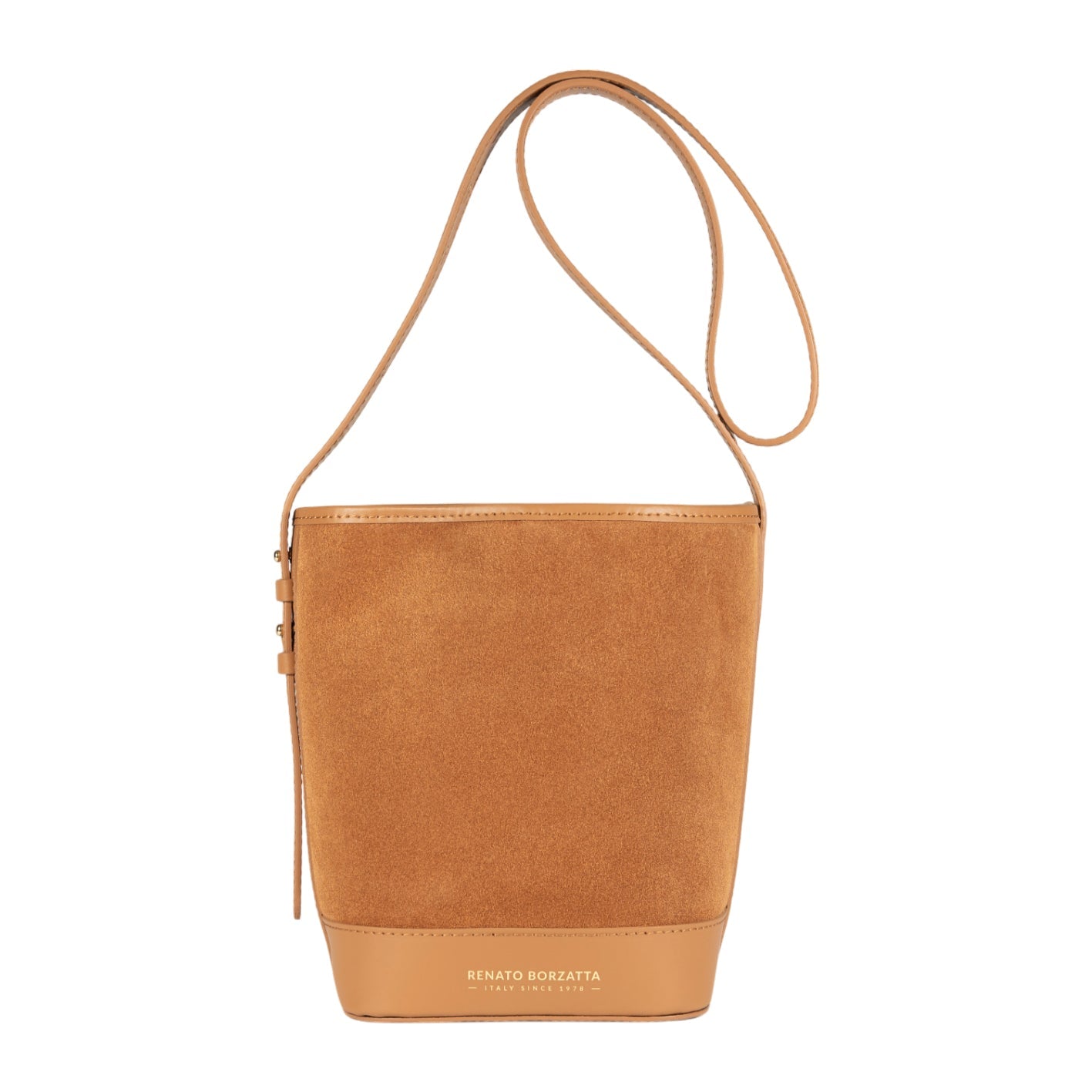 RB1031CQ | Borsa Donna a Secchiello BRENDA in Vera Pelle Made in Italy. Accessori in metallo Oro Lucido - Colore Cuoio - Dimensioni: cm 25 x 23,5 x 17-0