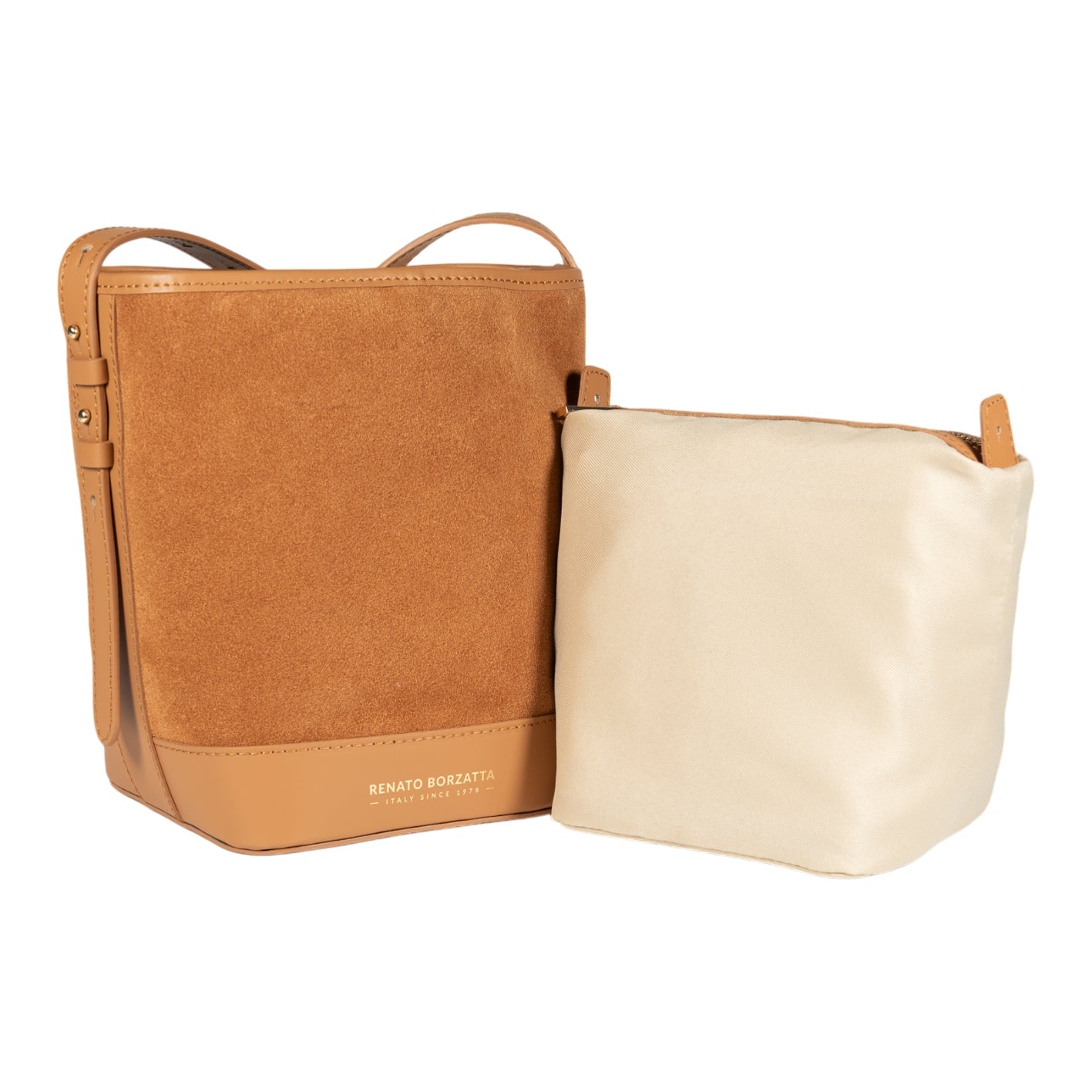 RB1031CQ | Borsa Donna a Secchiello BRENDA in Vera Pelle Made in Italy. Accessori in metallo Oro Lucido - Colore Cuoio - Dimensioni: cm 25 x 23,5 x 17-1