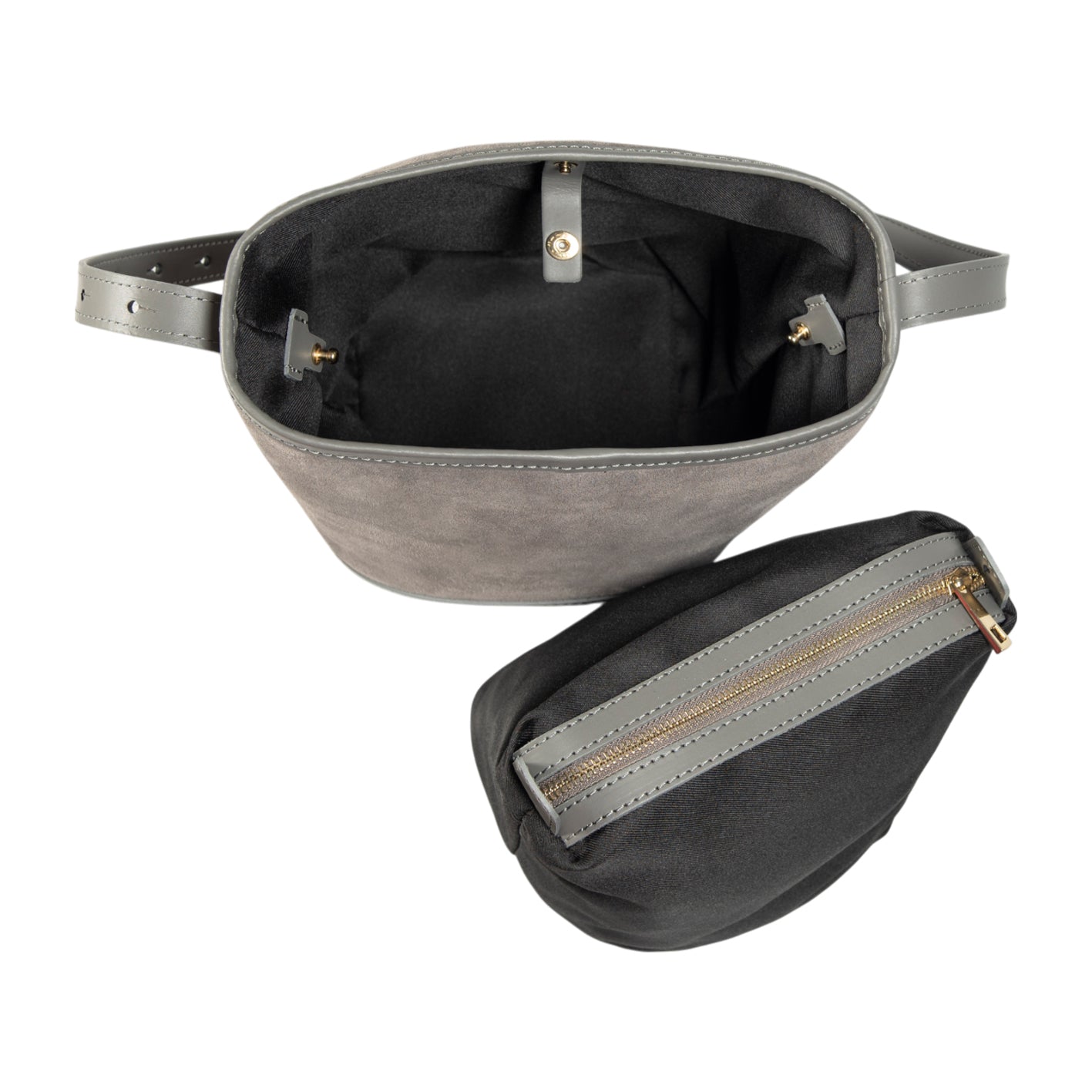 RB1031F | Borsa Donna a Secchiello BRENDA in Vera Pelle Made in Italy. Accessori in metallo Oro Lucido - Colore Grigio - Dimensioni: cm 25 x 23,5 x 17-4