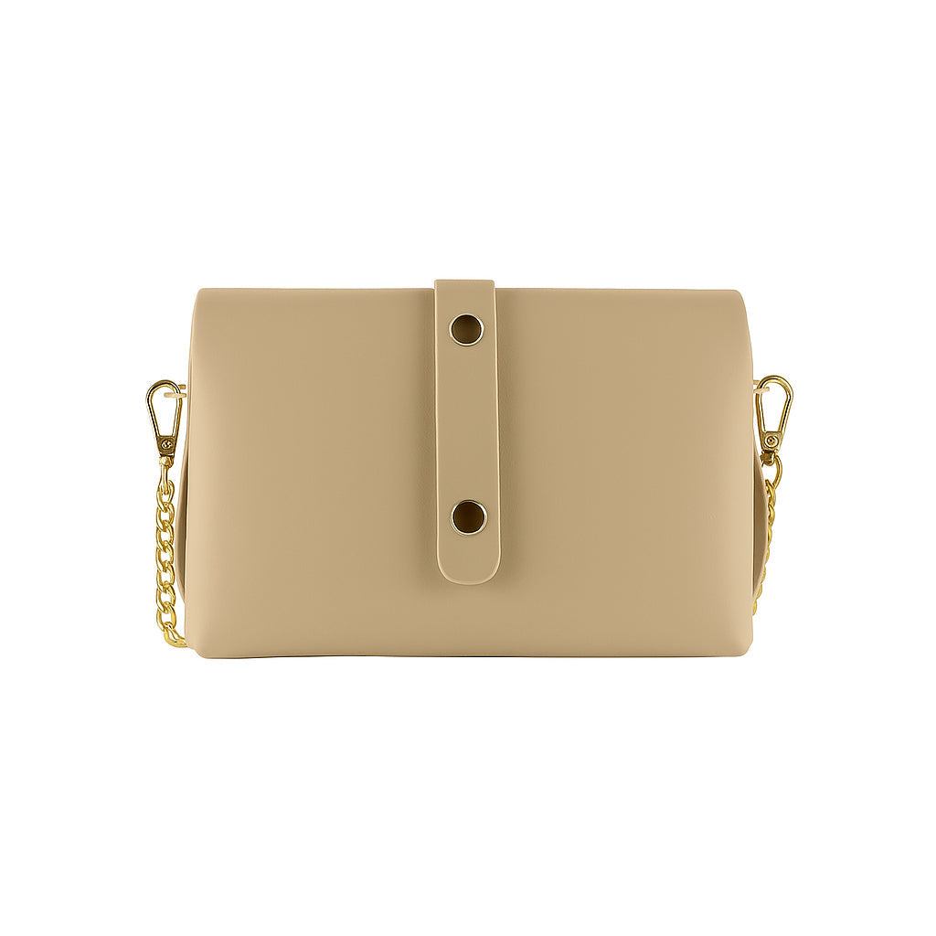 RB1001AL | Borsa Piccola in Vera Pelle Made in Italy con Tracollina removibile e passante di chiusura in metallo Oro Lucido - Colore Beige - Dimensioni: cm 16,5 x 11 x 8-1
