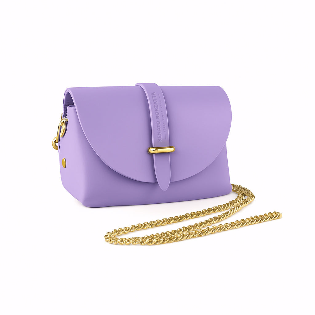 RB1001CI | Borsa Piccola in Vera Pelle Made in Italy con Tracollina removibile e passante di chiusura in metallo Oro Lucido - Colore Lilla - Dimensioni: cm 16,5 x 11 x 8-0