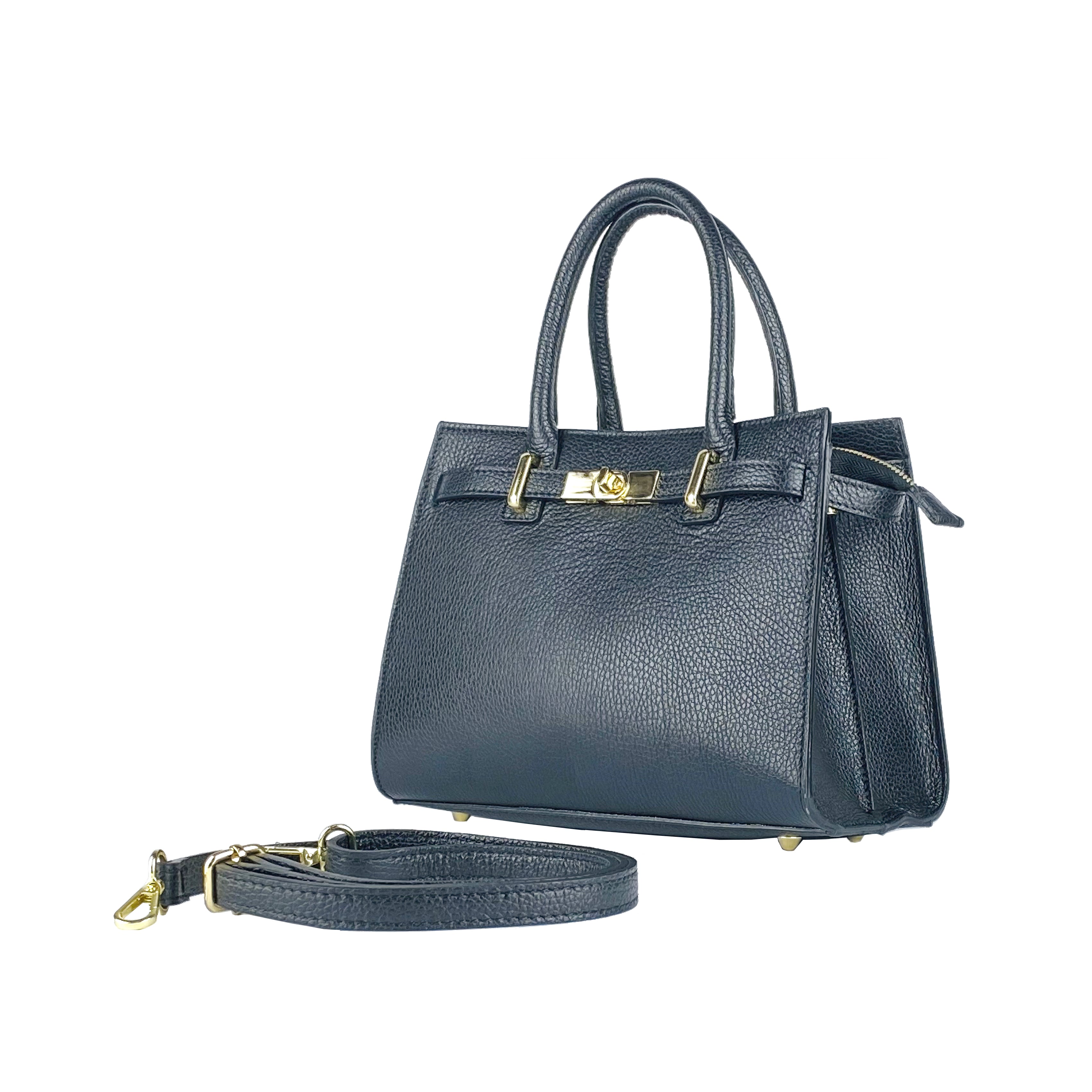 RB1016A | Borsa Donna a Mano in Vera Pelle Made in Italy con tracolla removibile. Attacchi con moschettoni in metallo Oro Lucido - Colore Nero - Dimensioni: cm 28 x 20 x 14 + 12,5-0