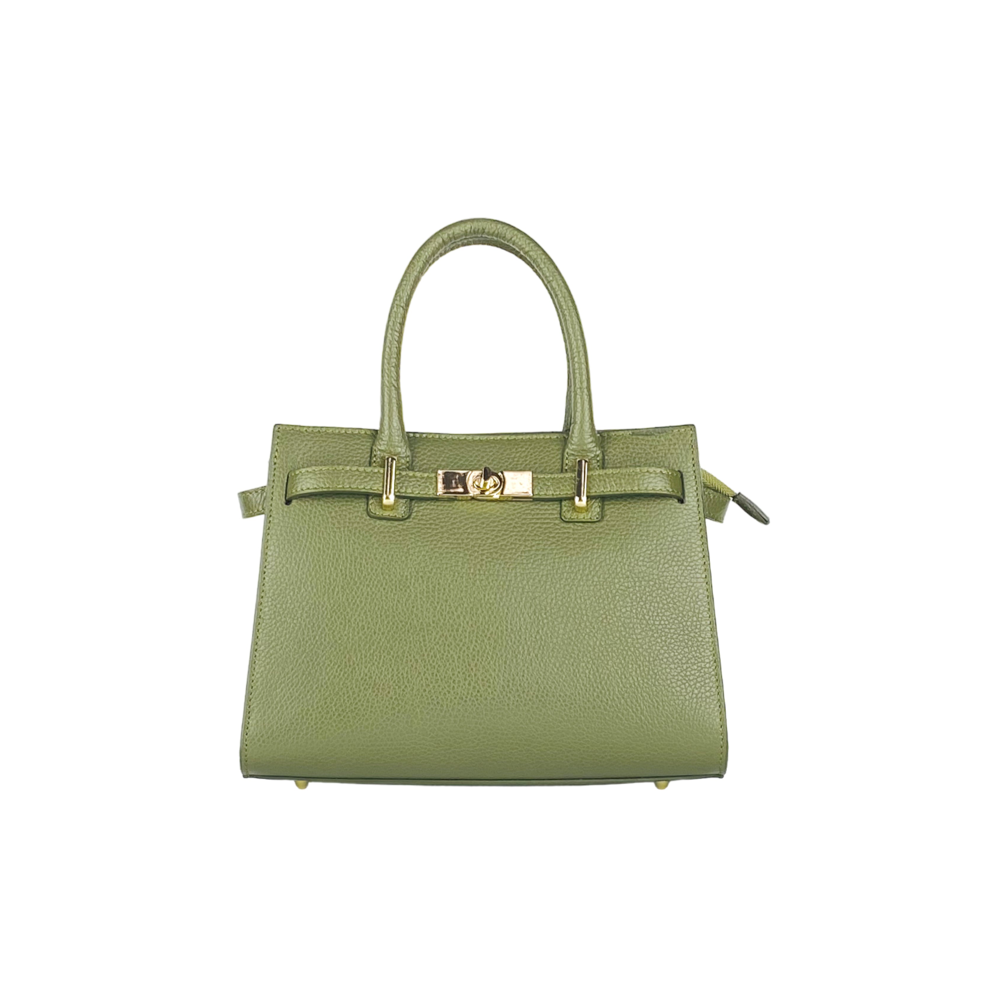 RB1016AG | Borsa Donna a Mano in Vera Pelle Made in Italy con tracolla removibile. Moschettoni in metallo Oro Lucido - Colore Verde Oliva - Dimensioni: cm 28 x 20 x 14 + 12,5-2