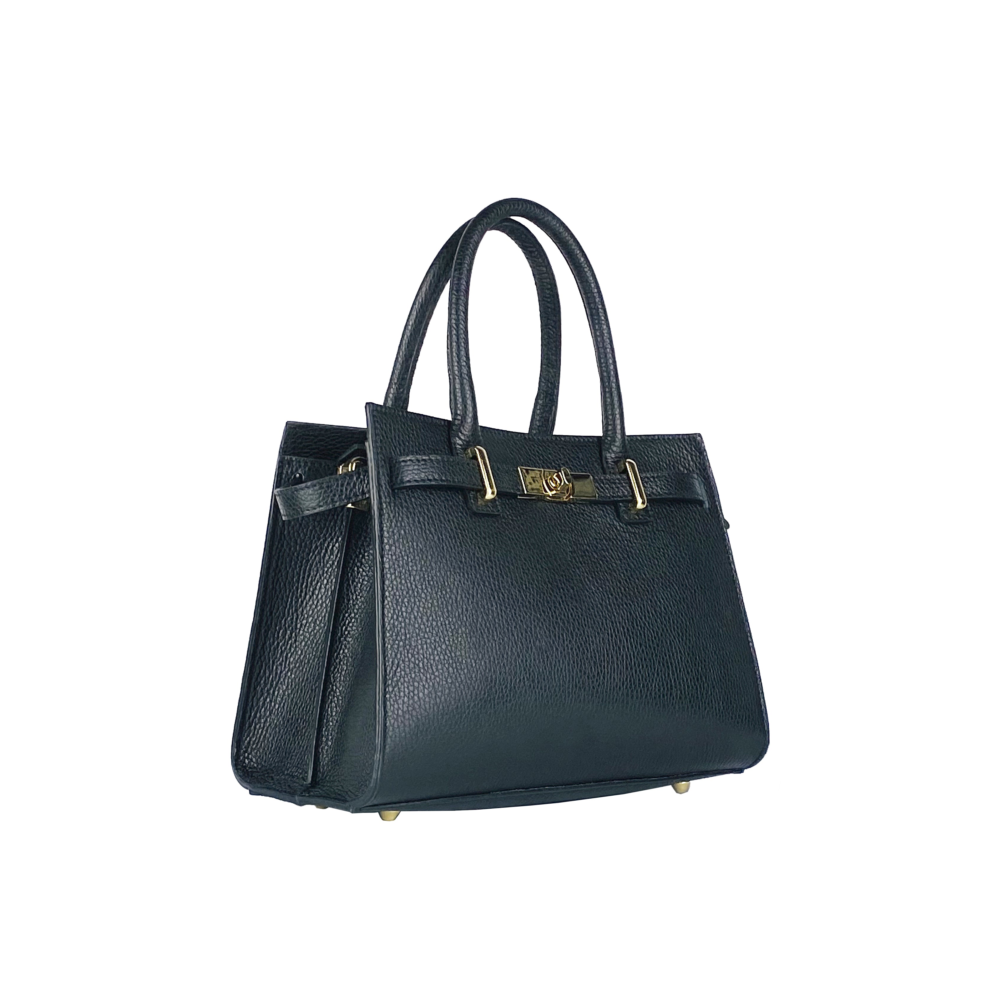 RB1016A | Borsa Donna a Mano in Vera Pelle Made in Italy con tracolla removibile. Attacchi con moschettoni in metallo Oro Lucido - Colore Nero - Dimensioni: cm 28 x 20 x 14 + 12,5-1
