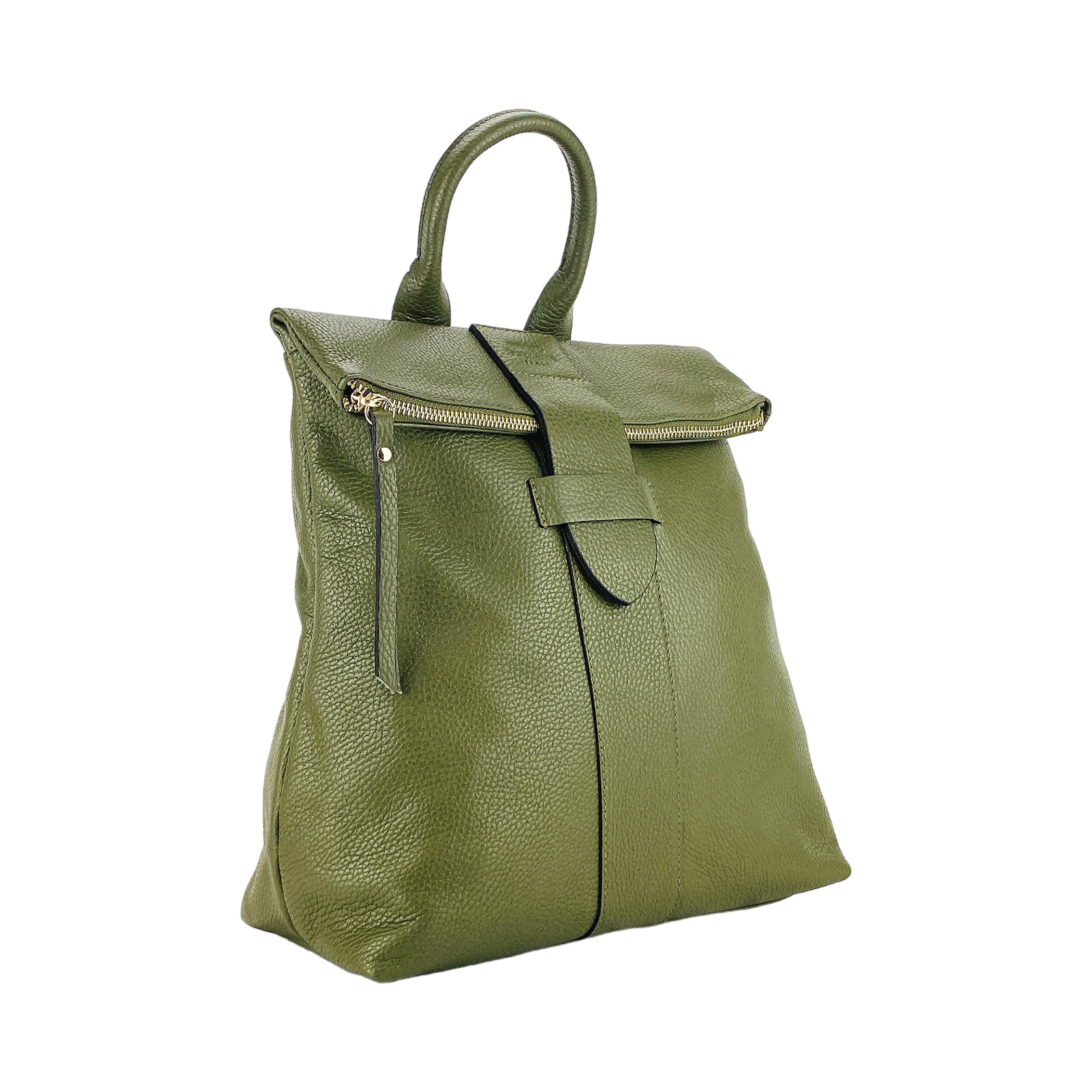 RB1021E | Zaino Donna Morbido in Vera Pelle Made in Italy con Spallacci regolabili. Chiusura lampo e Accessori in metallo Oro Lucido - Colore Verde - Dimensioni: cm 30 x 34 x 10,5-0