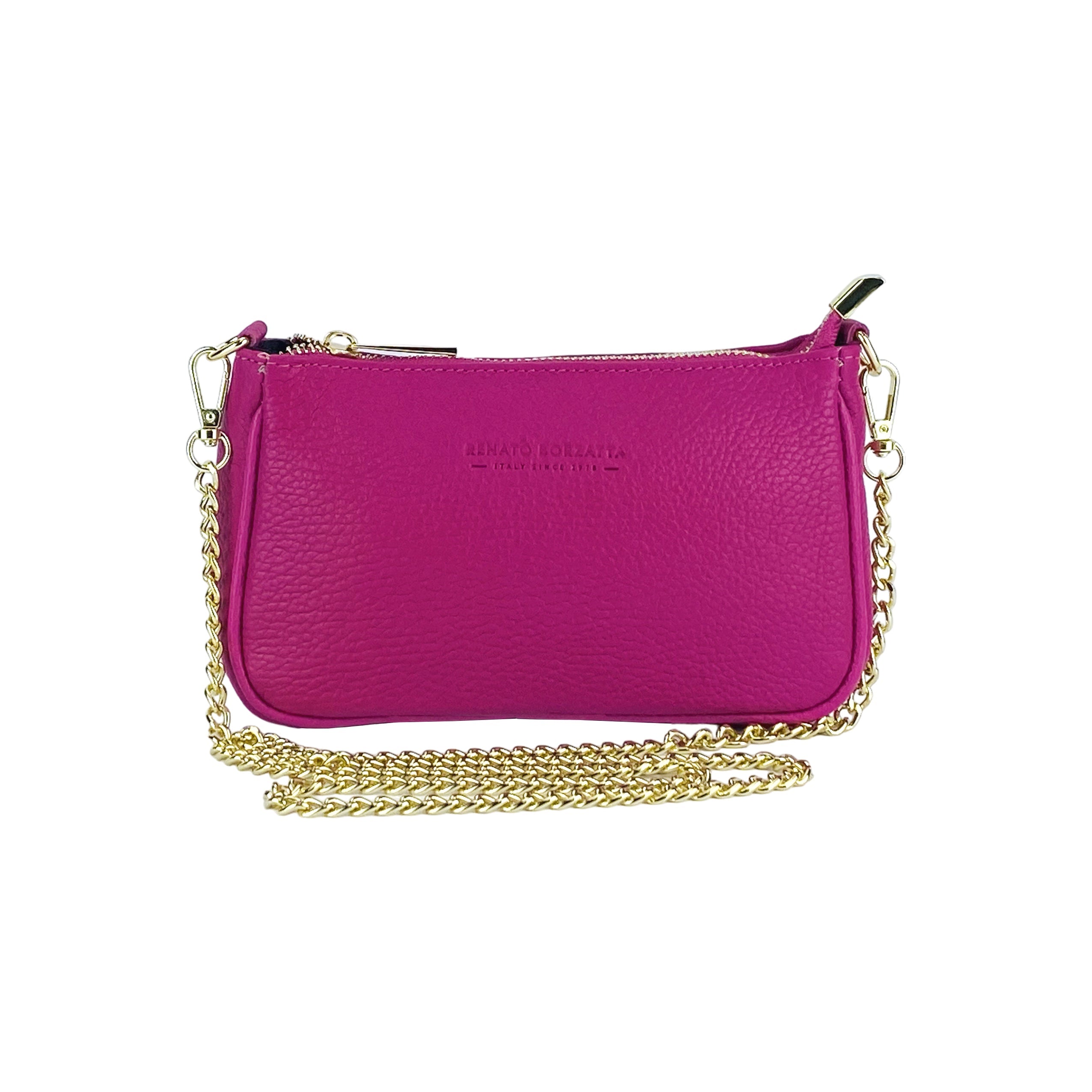 RB1022BE | Borsa Piccola in Vera Pelle Made in Italy con Tracolla a catena removibile. Chiusura con lampo e Accessori in metallo Oro Lucido - Colore Fuxia - Dimensioni: cm 20 x 12 x 6-1