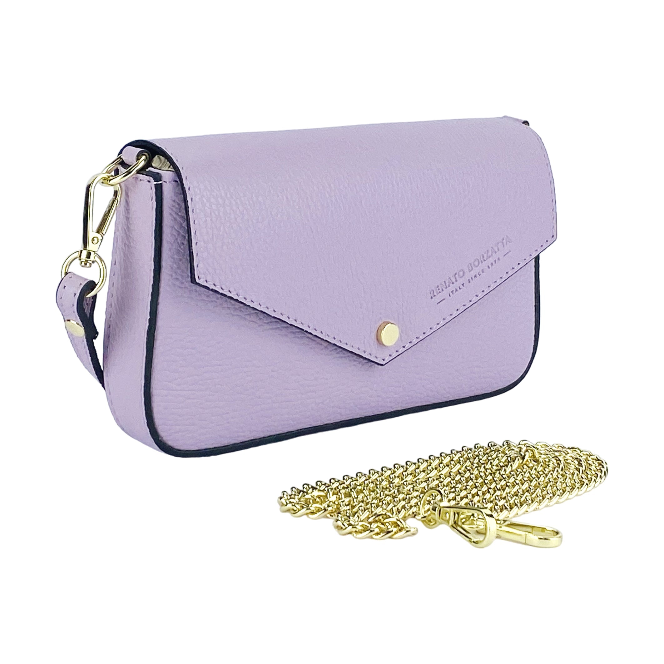RB1023CI | Small Shoulder Bag with Removable Chain Strap in Genuine Leather Made in Italy. Flap Closure - Color: Lilac - Dimensions: 22 x 12 x 3 cm-2