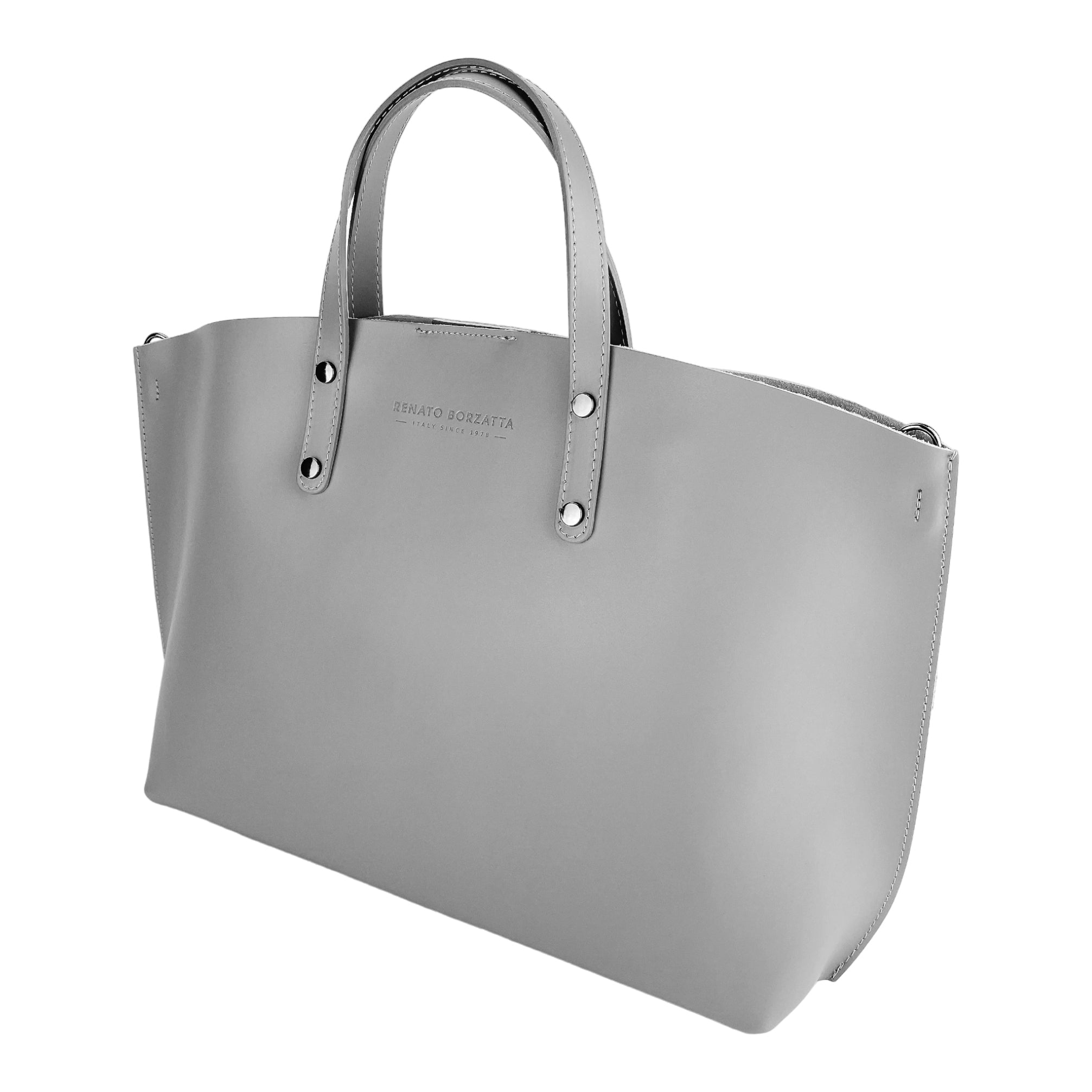 RB1024F  | Borsa Donna a Mano in Vera Pelle Made in Italy con tracolla removibile. Sacca grande interna estraibile. Accessori Canna di Fucile Lucido - Colore Grigio - Dimensioni: cm 48x31x11-2