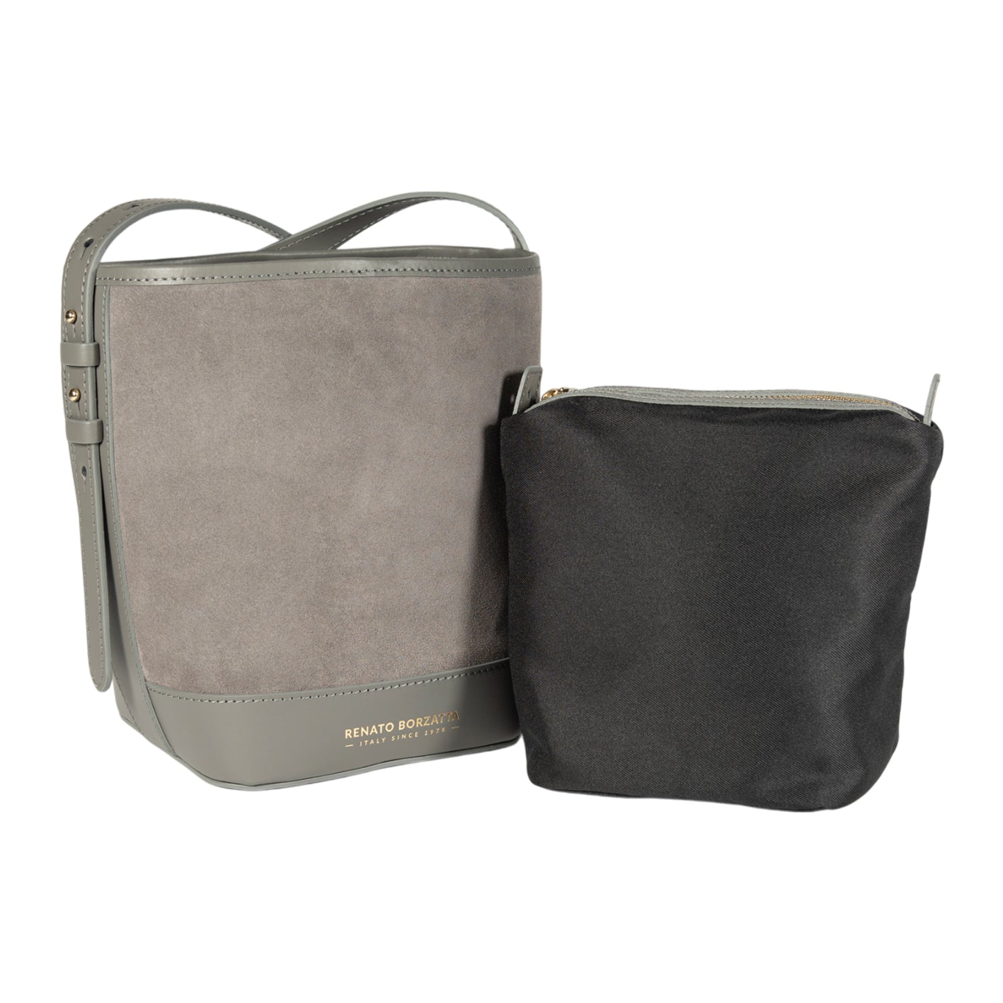RB1031F  | Borsa Donna a Secchiello BRENDA in Vera Pelle Made in Italy. Accessori in metallo Oro Lucido - Colore Grigio - Dimensioni: cm 25 x 23,5 x 17-1